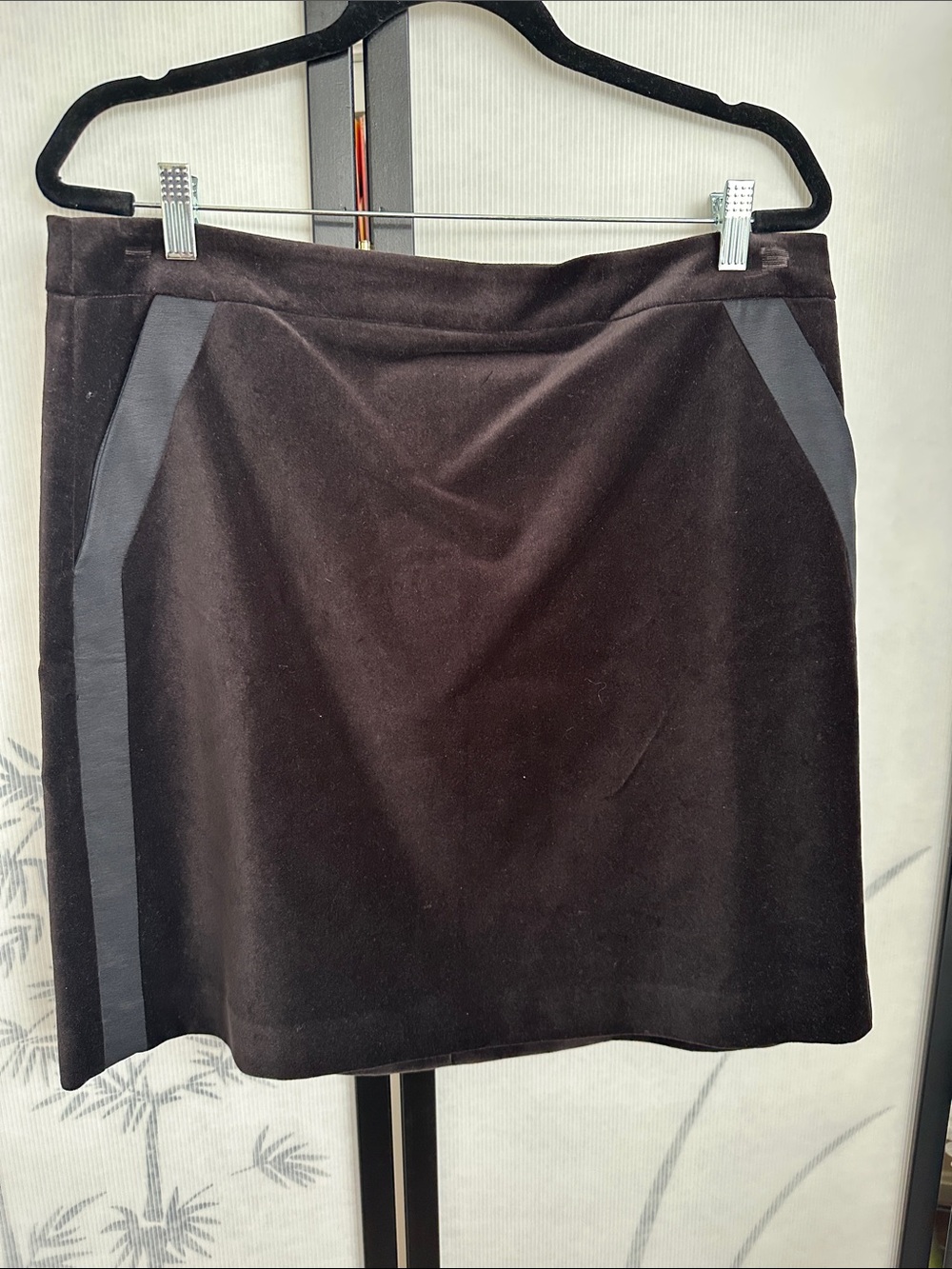 Ann Taylor Black Velvet Mini Skirt with Dark Gray Side Panels